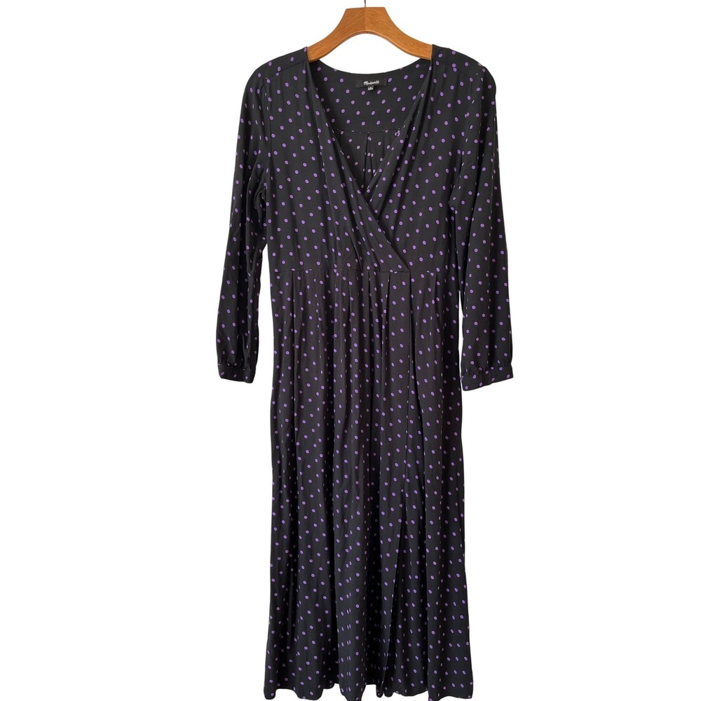 Madewell Polka Dot Surplice V-Neck Faux Wrap Midi Dress Black Purple size small‎